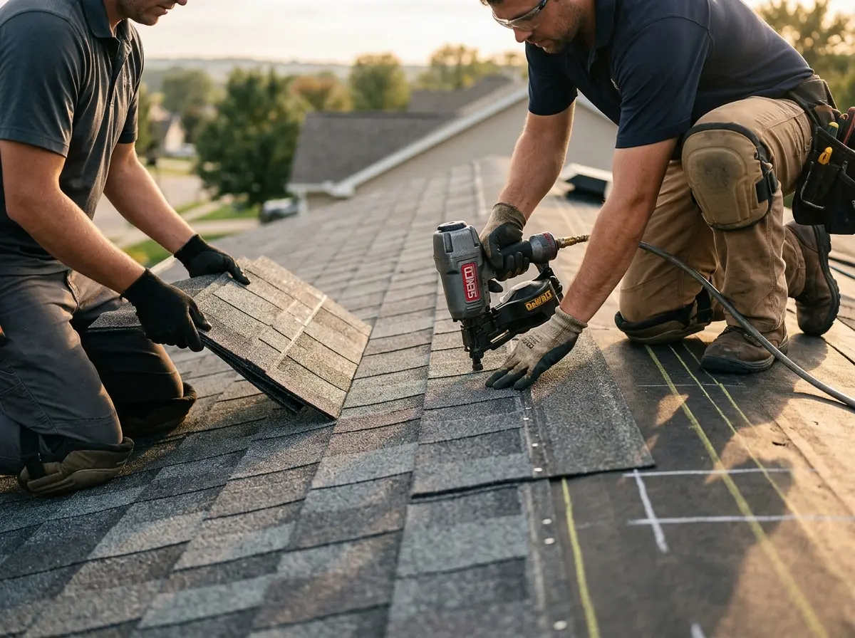 Professional roofer working on a residential roof in Almena